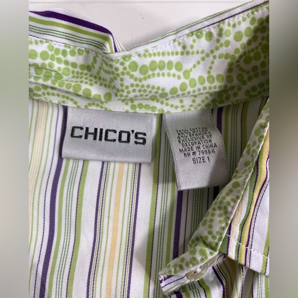 Chicos Size 1 Button Down Striped Blouse Womens Size Medium Purple White Green - Picture 5 of 13